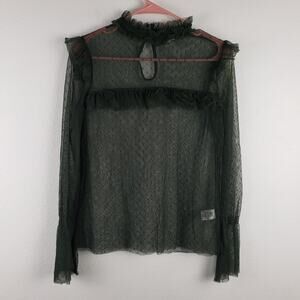 Hinge Women's‎ XS High Neck Ruffled Blouse Green Sheer Swiss Dot Pattern Gothic